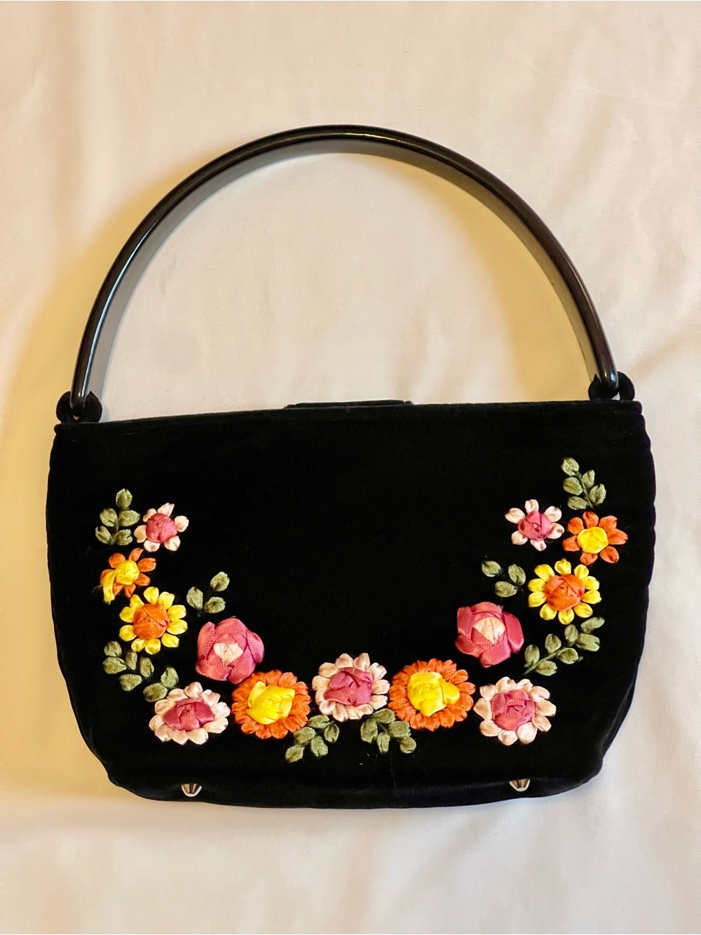 Talbots Vintage Black Velvet Shoulder Bag with Pink and Yellow Floral Embroidery